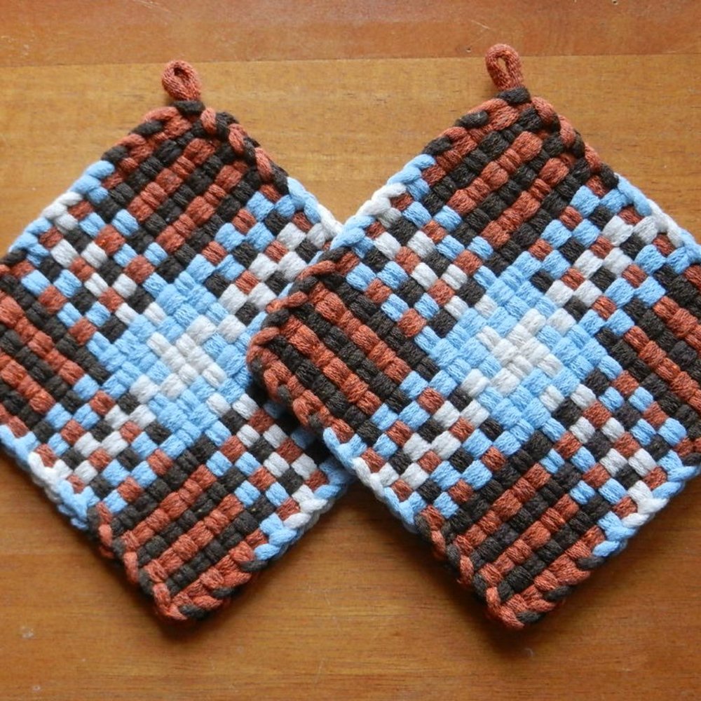 Set of 2 Handmade Artisan Cotton Woven Loomed Santa Fe Potholders Trivets